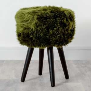 Bovril Sheepskin Stool With Black Wooden Legs In Olive Green - UK