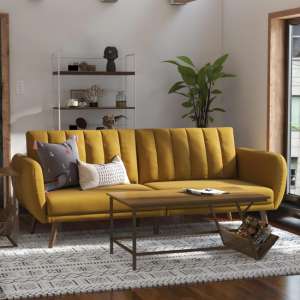 Brittan Linen Sofa Bed With Wooden Legs In Mustard - UK