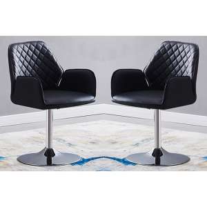 Bucketeer Swivel Black Faux Leather Dining Chairs In Pair - UK