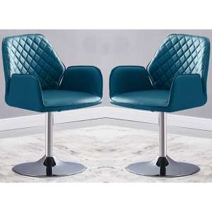 Bucketeer Swivel Teal Faux Leather Dining Chairs In Pair - UK