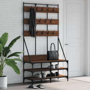 Camrose Wooden Clothes Rack With Shoe Storage In Brown Oak - UK