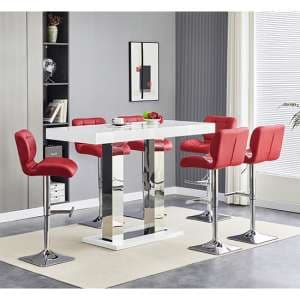 Caprice White High Gloss Bar Table Large 6 Candid Bordeaux Stools - UK