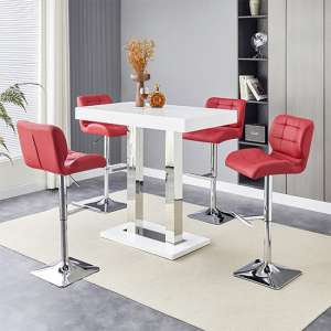 Caprice White High Gloss Bar Table Small 4 Candid Bordeaux Stools - UK