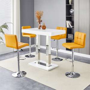 Caprice White High Gloss Bar Table Small 4 Coco Curry Stools - UK