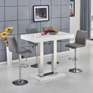 Caprice White High Gloss Bar Table With 4 Ripple Grey Stools - UK