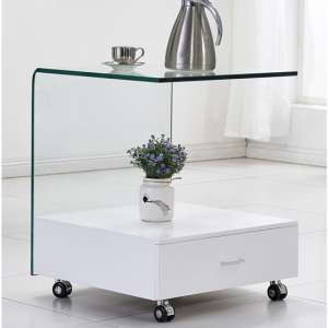 Carlota Clear Glass Lamp Table With White High Gloss Drawer - UK