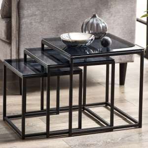 Casper Smoked Glass Nest Of 3 Tables With Black Metal Frame - UK