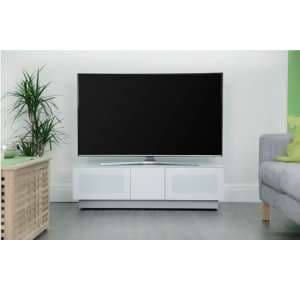 Elements Large Glass TV Stand With 2 Glass Doors In White - UK