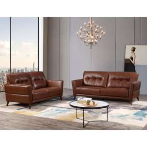 Celina Leather 3+2 Seater Sofa Set In Saddle With Tapered Legs - UK