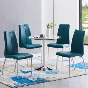 Dante Clear Glass Dining Table With 4 Opal Teal Chairs - UK