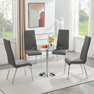 Dante Round Clear Glass Dining Table With 4 Dora Grey Chairs - UK