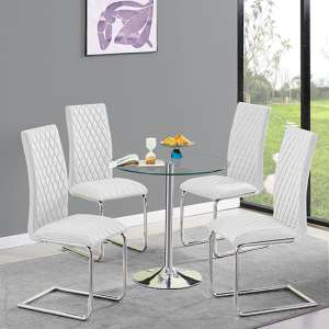 Dante Round Clear Glass Dining Table With 4 Ronn White Chairs - UK