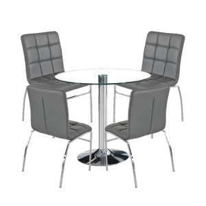Dante Round Glass Dining Set With 4 Grey PU Leather Coco Chairs - UK