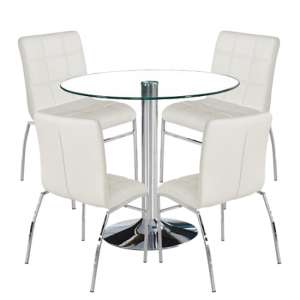 Dante Round Glass Dining Set With 4 White PU Leather Coco Chairs - UK