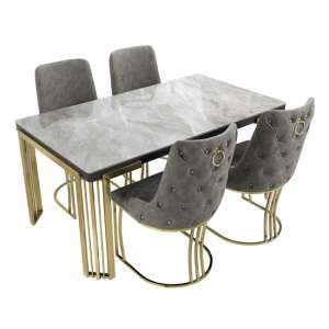 Davos Dining Table Grey Gold 4 Brixen Grey Faux Leather Chairs - UK