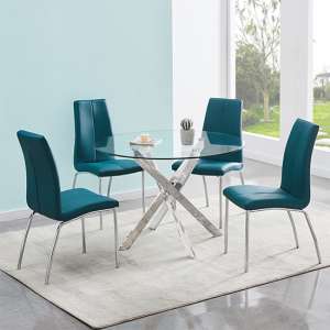 Daytona Round Clear Glass Dining Table With 4 Opal Teal Chairs - UK
