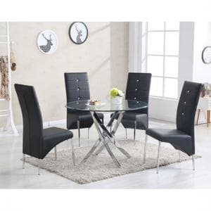 Daytona Round Glass Dining Table With 4 Vesta Black Chairs - UK