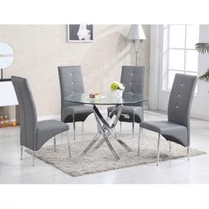 Daytona Round Glass Dining Table With 4 Vesta Grey Chairs - UK