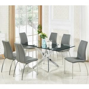Daytona Large Clear Glass Dining Table With 6 Opal Grey Chairs - UK