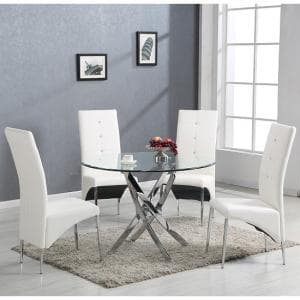 Daytona Glass Dining Table Round With 4 Vesta White Chairs - UK