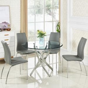 Daytona Round Clear Glass Dining Table With 4 Opal Grey Chairs - UK