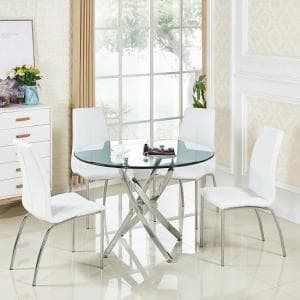 Daytona Round Clear Glass Dining Table With 4 Opal White Chairs - UK