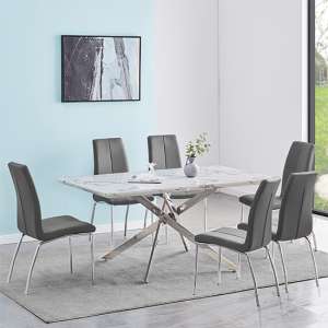 Deltino Diva Marble Effect Dining Table With 6 Opal Grey Chairs - UK