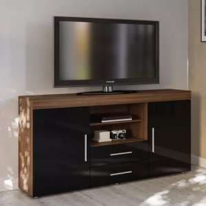 Edged Wooden TV Sideboard In Walnut And Black High Gloss - UK