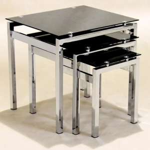 Eleanor Black Glass Nest Of 3 Tables With Chrome Frame - UK