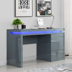Emerson High Gloss Computer Desk In Grey With LED Lighting - UK