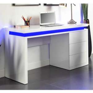 Emerson High Gloss Computer Desk In White With LED Lighting - UK