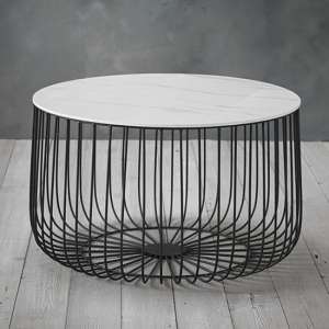 Enzi Large Marble Effect Coffee Table With Black Cage Frame In White - UK