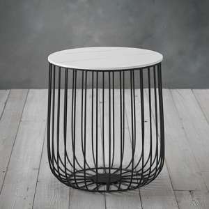Enzi Small Marble Effect Coffee Table With Black Cage Frame In White - UK