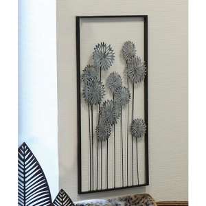 Flowers Metal Wall Art In Silver With Antique Dark Brown Frame - UK
