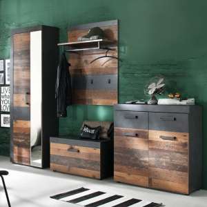 Saige Hallway Furniture Set 4 In Old Wood And Graphite Grey - UK