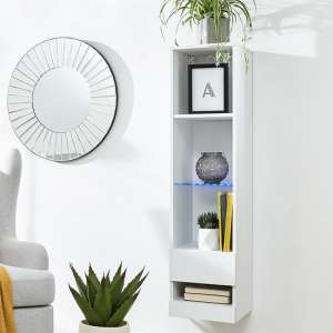 Goole LED Wall Mounted Tall Wooden Shelving Unit In White Gloss - UK