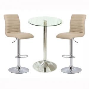 Gino Clear Glass Bar Table With 2 Ripple Stone Stools - UK