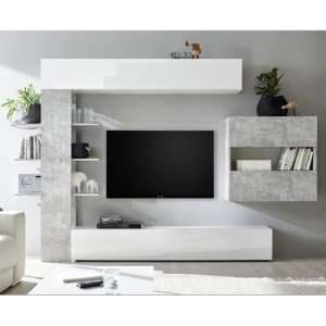 Halcyon Wall Entertainment Unit In White Gloss And Cement Effect - UK