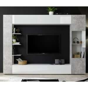Halcyon White Gloss Large Entertainment Unit In Cement Effect - UK