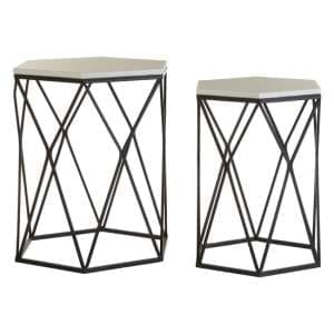 Hannah Hexagonal Marble Set Of 2 Side Tables With Black Frame - UK