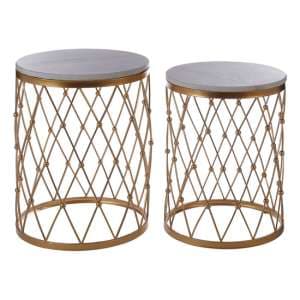 Hannah Round Marble Top Set Of 2 Side Tables With Gold Frame - UK