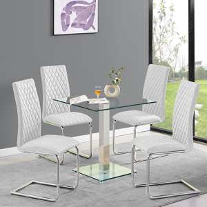Hartley Clear Glass Dining Table With 4 Ronn White Chairs - UK