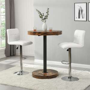 Havana Rustic Oak Wooden Bar Table With 2 Coco White Stools - UK