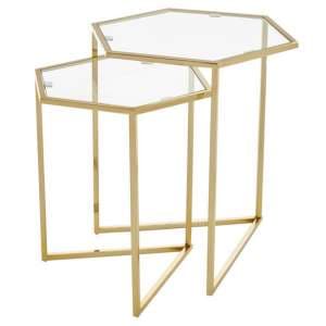 Heber Hexagonal Glass Nest Of 2 Tables With Gold Steel Frame - UK