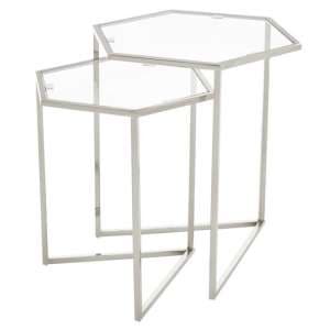 Heber Hexagonal Glass Nest Of 2 Tables With Silver Steel Frame - UK