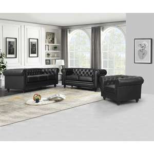 Hertford Chesterfield Faux Leather 3+2+1 Sofa Set In Black - UK