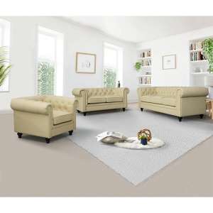 Hertford Chesterfield Faux Leather 3+2+1 Sofa Set In Ivory - UK