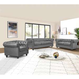 Hertford Chesterfield Faux Leather 3+2+1 Sofa Set In Vintage Grey - UK