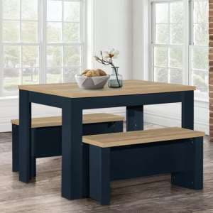 Highland Wooden Dining Table And 2 Benches In Navy Blue And Oak - UK