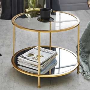 Inman Round Mirrored Glass Coffee Table In Gold With Undershelf - UK